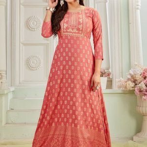 Peach and Pink Rayon Designer Gown with