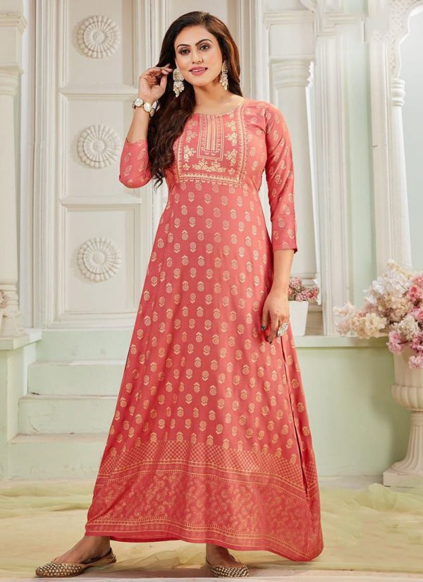 Peach and Pink Rayon Designer Gown with