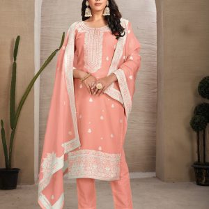 Peach Organza Hand and Woven Work Salwar Suit