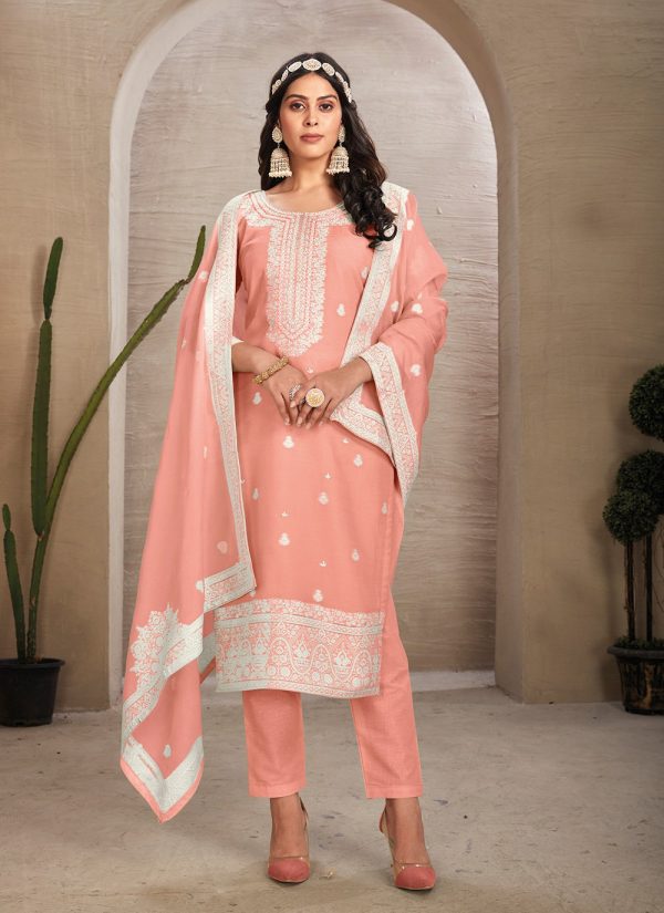 Peach Organza Hand and Woven Work Salwar Suit