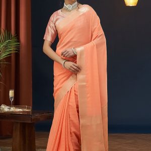 Peach Zari Work Pure Georgette Classic Sari