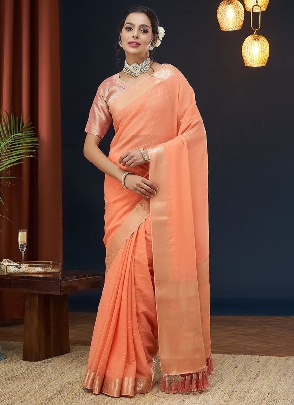 Peach Zari Work Pure Georgette Classic Sari
