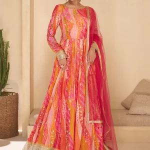 Pink and Rani Embroidered, Sequins and Thread Work Georgette  Designer Gown