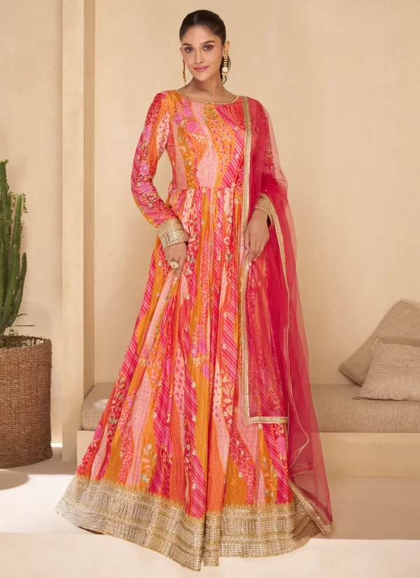 Pink and Rani Embroidered, Sequins and Thread Work Georgette  Designer Gown