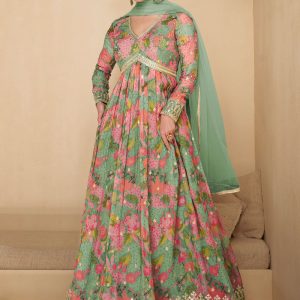 Pink and Sea Green Georgette Embroidered, Sequins and Thread Work Designer Gown