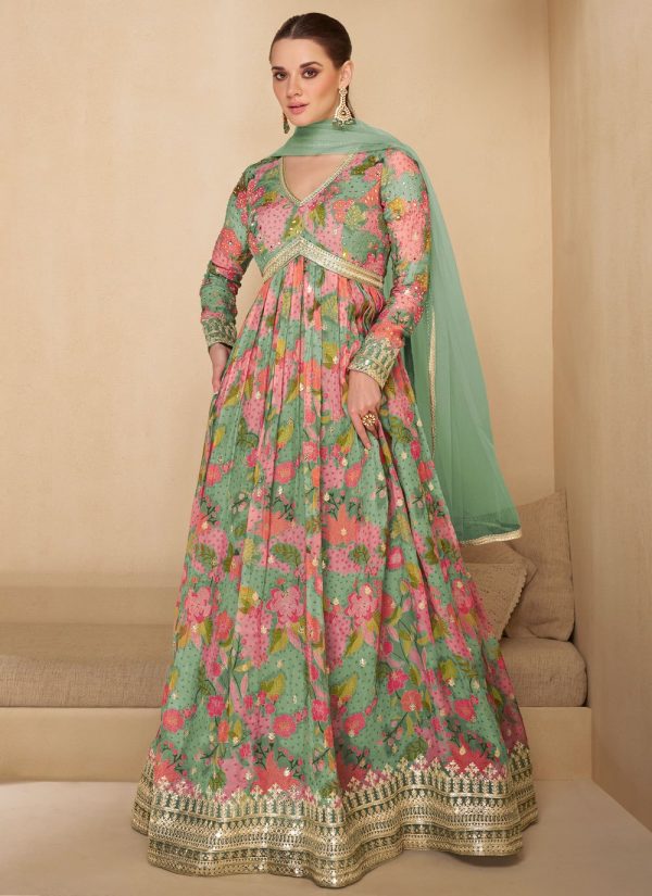 Pink and Sea Green Georgette Embroidered, Sequins and Thread Work Designer Gown
