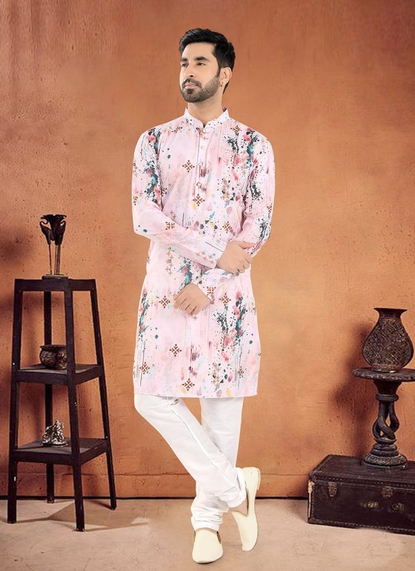 Pink Cotton Kurta Pyjama with Print Work for Men