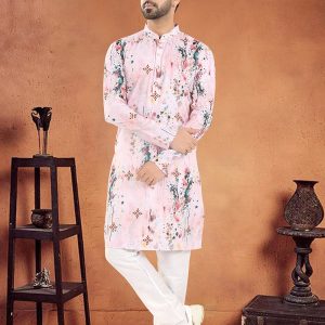 Pink Cotton Kurta Pyjama with Print Work for Men