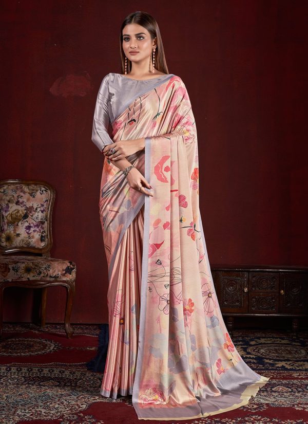 Pink Digital Print Work Crepe Silk Trendy Saree