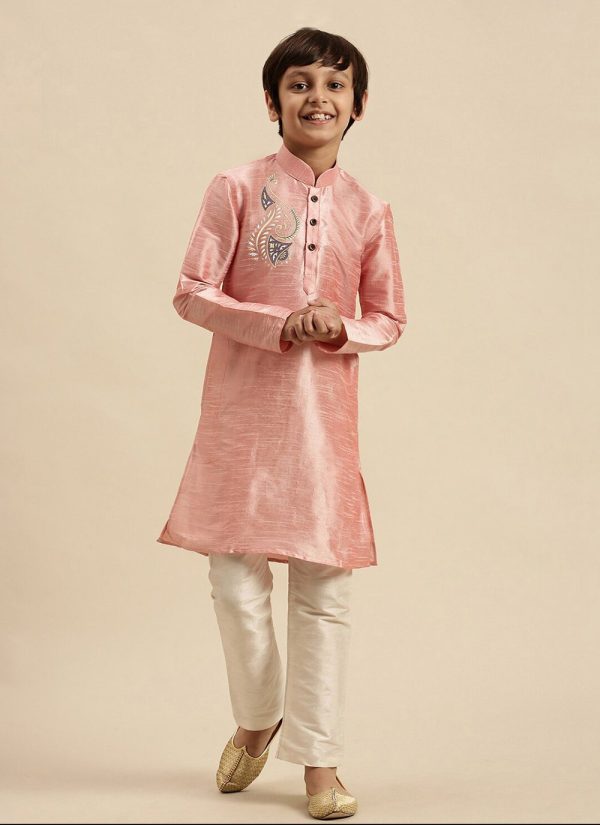 Pink Dupion Silk Embroidered Work Kurta Pyjama