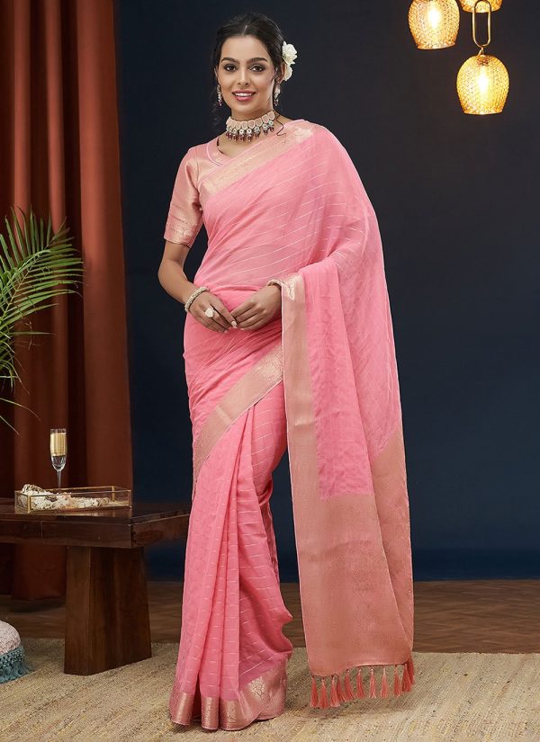Pink Pure Georgette Contemporary Saree with Zari Work for Women