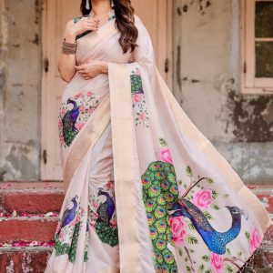 Pink Silk Digital Print Work Casual Saree for Women