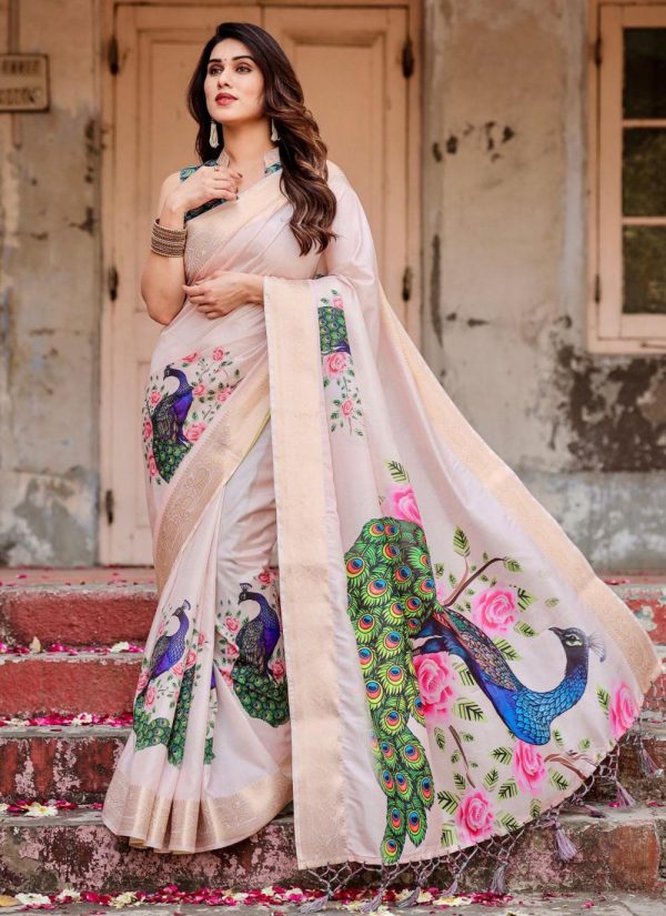 Pink Silk Digital Print Work Casual Saree for Women