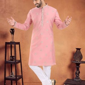 Pink Silk Kurta Pyjama with Embroidered, Sequins and Thread Work for Men