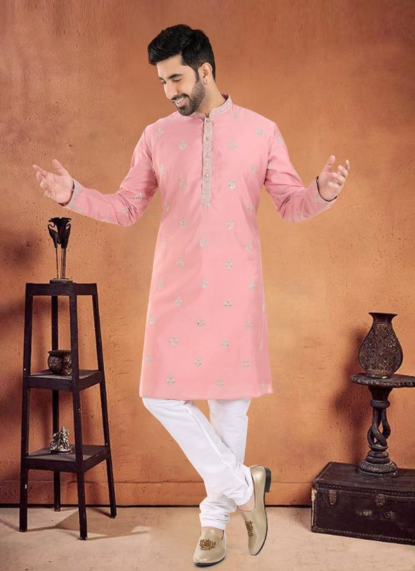 Pink Silk Kurta Pyjama with Embroidered, Sequins and Thread Work for Men