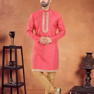 Pink Silk Kurta Pyjama with Lace Work for Men