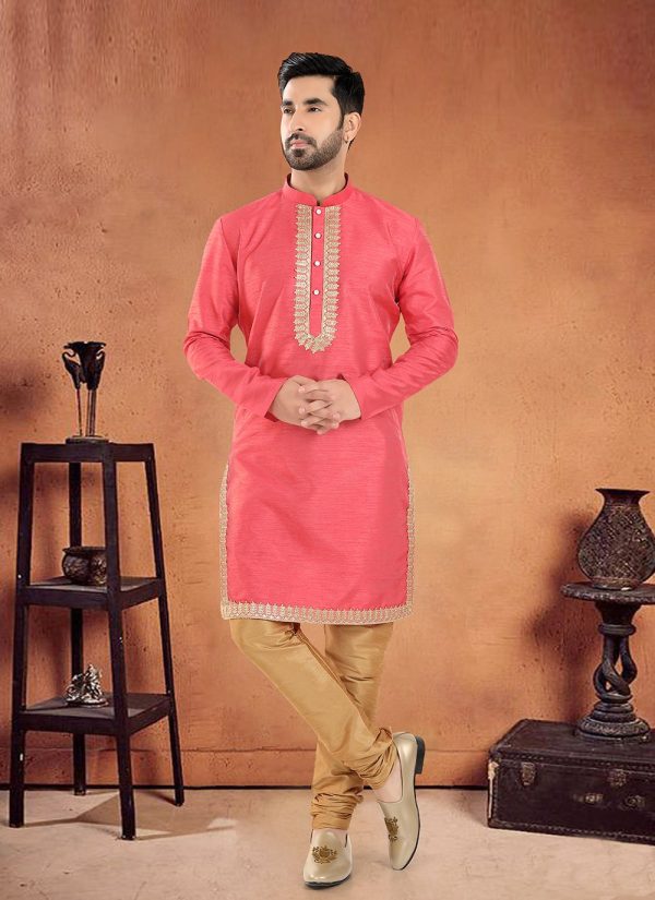 Pink Silk Kurta Pyjama with Lace Work for Men