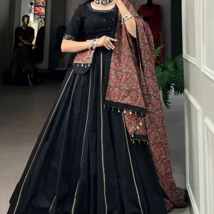 Plain Work Cotton Lehenga Choli In Black for Ceremonial