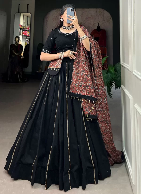 Plain Work Cotton Lehenga Choli In Black for Ceremonial