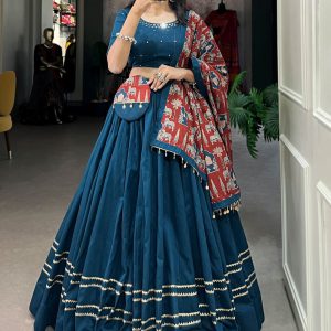 Plain Work Cotton Lehenga Choli In Blue