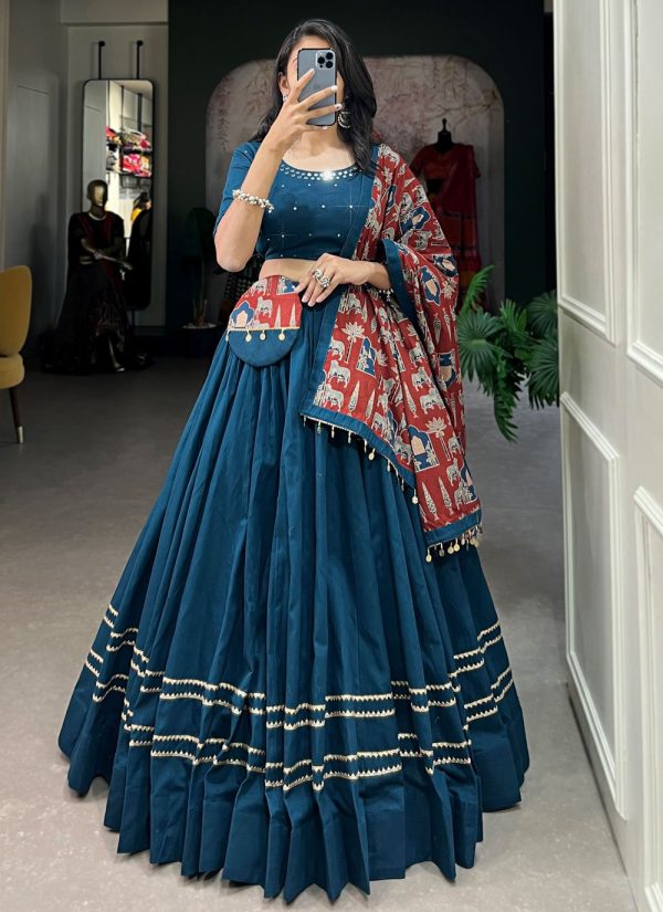 Plain Work Cotton Lehenga Choli In Blue