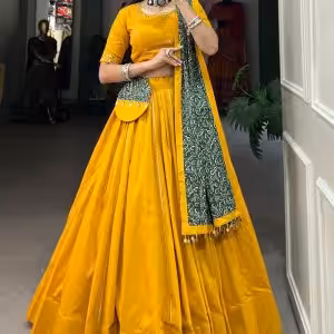 Plain Work Cotton Lehenga Choli In Mustard