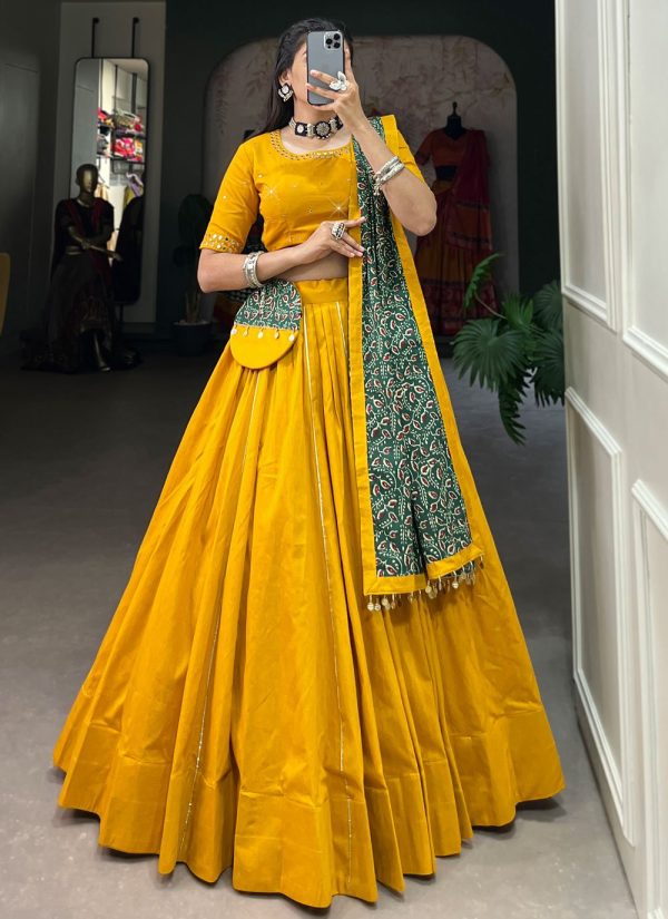 Plain Work Cotton Lehenga Choli In Mustard