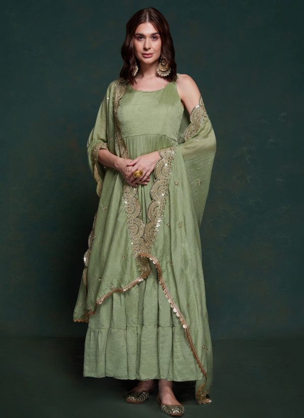 Plain Work Georgette Gown In Green