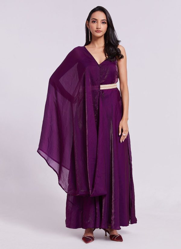Plain Work Organza Gown In Wine for Ceremonial
