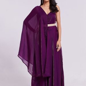Plain Work Organza Gown In Wine for Ceremonial