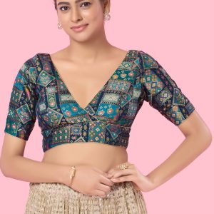 Print Work Brocade Blouse In Blue for Ceremonial