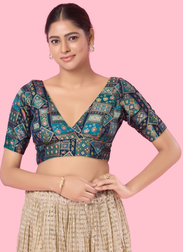 Print Work Brocade Blouse In Blue for Ceremonial