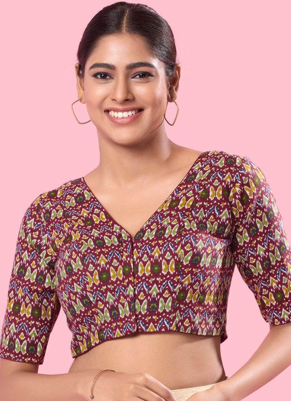 Print Work Cotton Blouse In Maroon