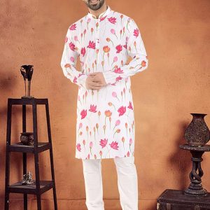 Print Work Cotton Kurta Pyjama In White