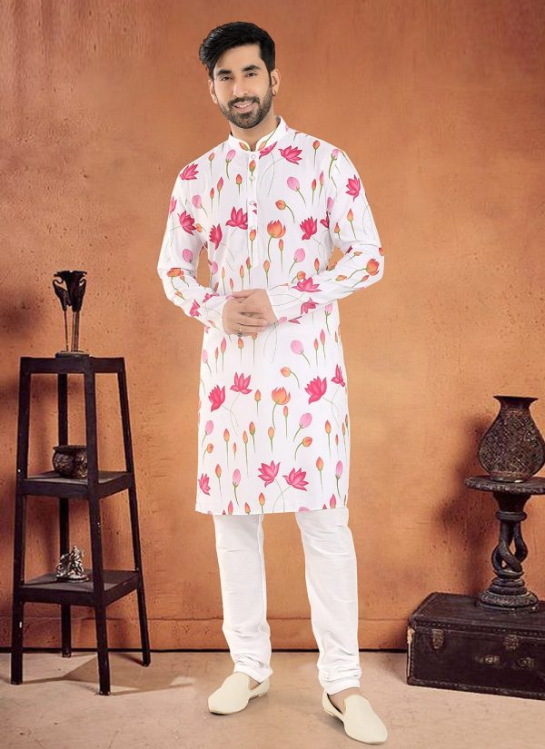 Print Work Cotton Kurta Pyjama In White