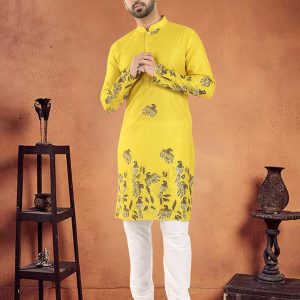 Print Work Cotton Kurta Pyjama In Yellow for Ceremonial