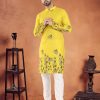 Print Work Cotton Kurta Pyjama In Yellow for Ceremonial