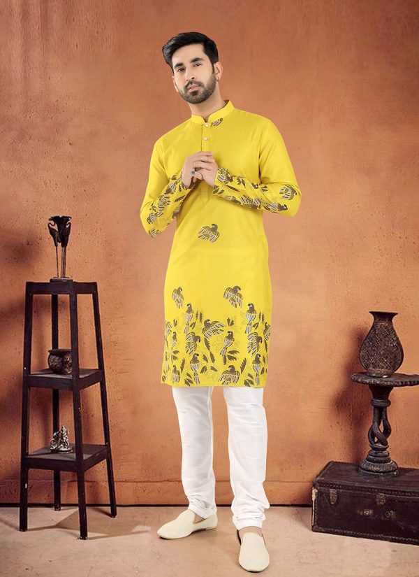 Print Work Cotton Kurta Pyjama In Yellow for Ceremonial