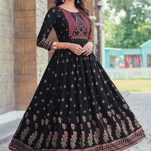 Print Work Rayon Gown In Black