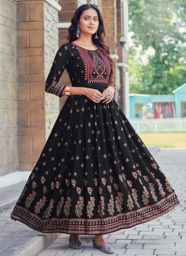 Print Work Rayon Gown In Black