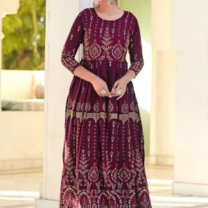 Print Work Rayon Gown In Purple