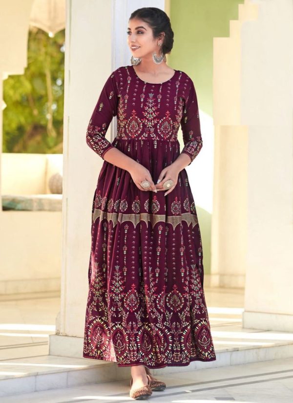 Print Work Rayon Gown In Purple
