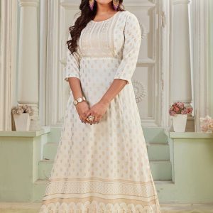 Print Work Rayon Gown In White for Casual