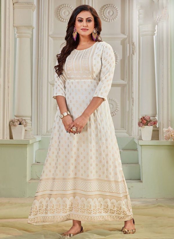 Print Work Rayon Gown In White for Casual