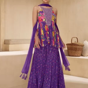 Purple Chinon Embroidered Work Palazzo Salwar Suit for Ceremonial