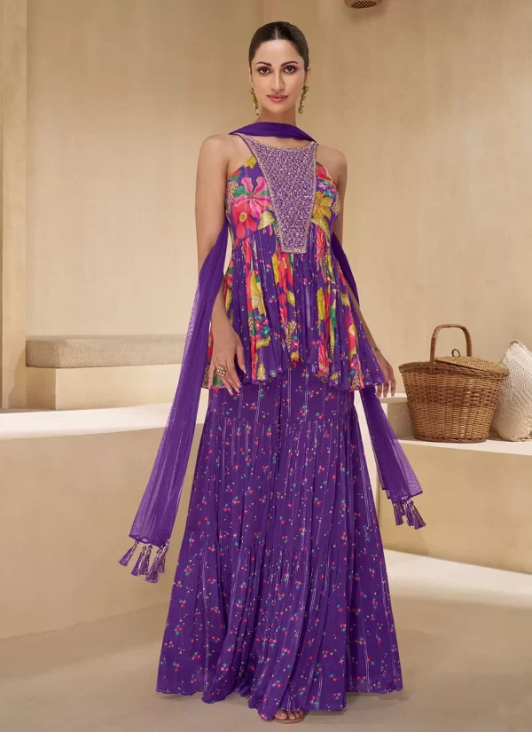 Purple Chinon Embroidered Work Palazzo Salwar Suit for Ceremonial