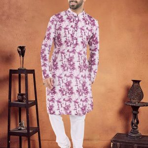 Purple Cotton Kurta Pyjama with Print Work