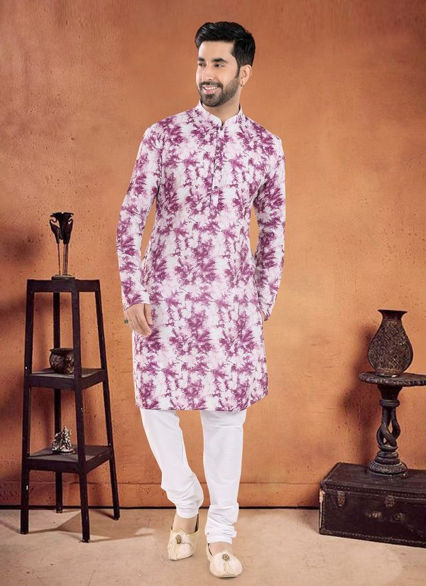 Purple Cotton Kurta Pyjama with Print Work
