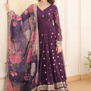 Purple Faux Georgette Embroidered, Sequins and Zari Work Designer Gown for Women