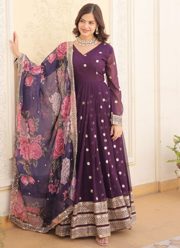 Purple Faux Georgette Embroidered, Sequins and Zari Work Designer Gown for Women